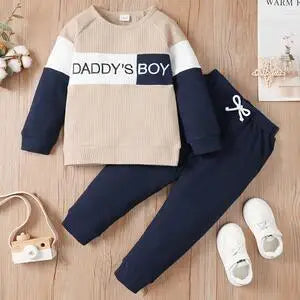 2PCS Clothes Set Kids Boy Fashion Color Block Long Sleeve Top+Pant Spring and Autumn Clothing Outfits for Toddler Boy 1-4 Years