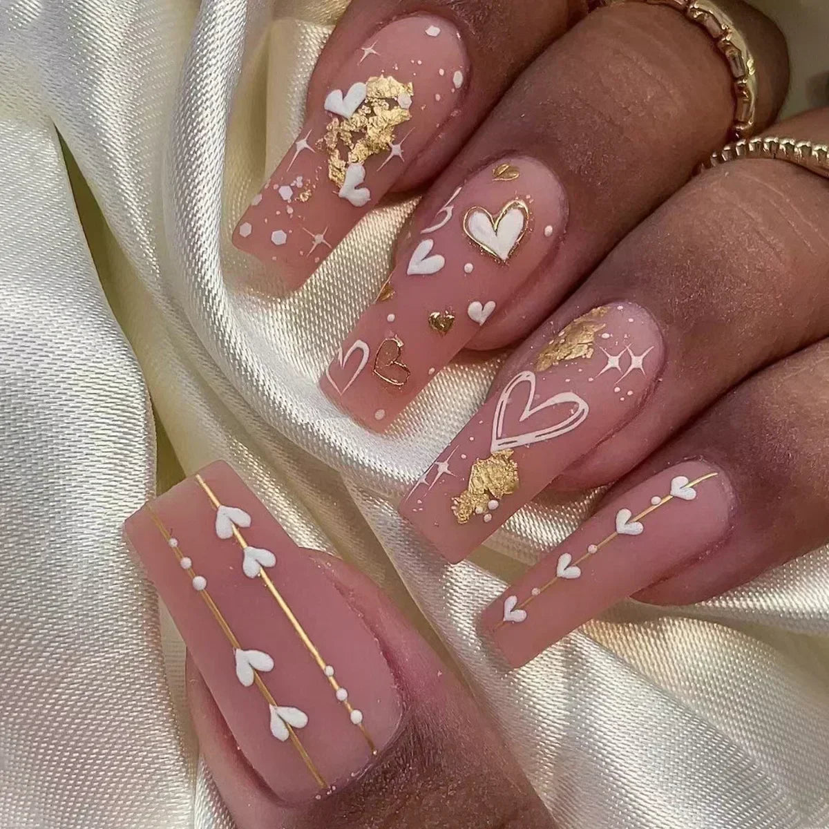 24Pcs Short Square French False Nails with Flower Shiny White Edge Design Pink Glitter Fake Nails Full Cover Press on Nails Tips