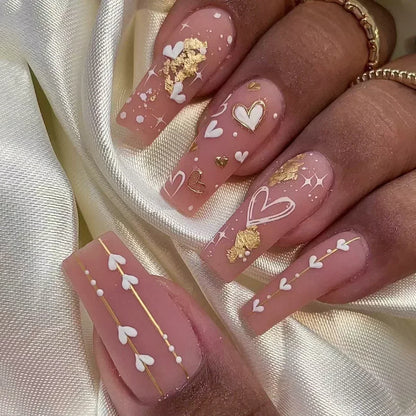 24Pcs Short Square French False Nails with Flower Shiny White Edge Design Pink Glitter Fake Nails Full Cover Press on Nails Tips