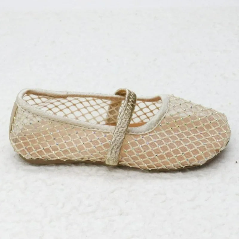 Luxury Lace Mesh Ballet Flat Kid Girls Elegant Brand Design Rhinestones Covered Fishnet Ballerina Shoes Children Dress Zapatos