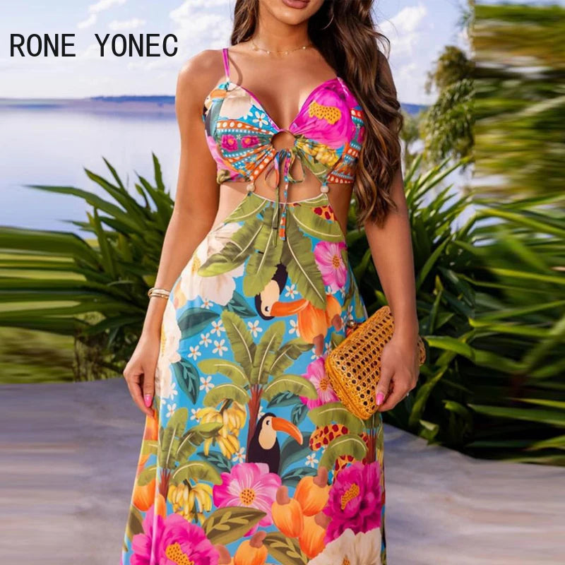 Spaghetti Straps Midriff Ruffles Maxi Dress