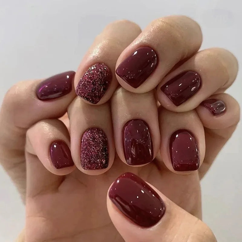24pcs Short Square False Nails Glitter Flower Wave French Fake Nails Manicure Full Cover Detachable Nail Tips Press on Nails