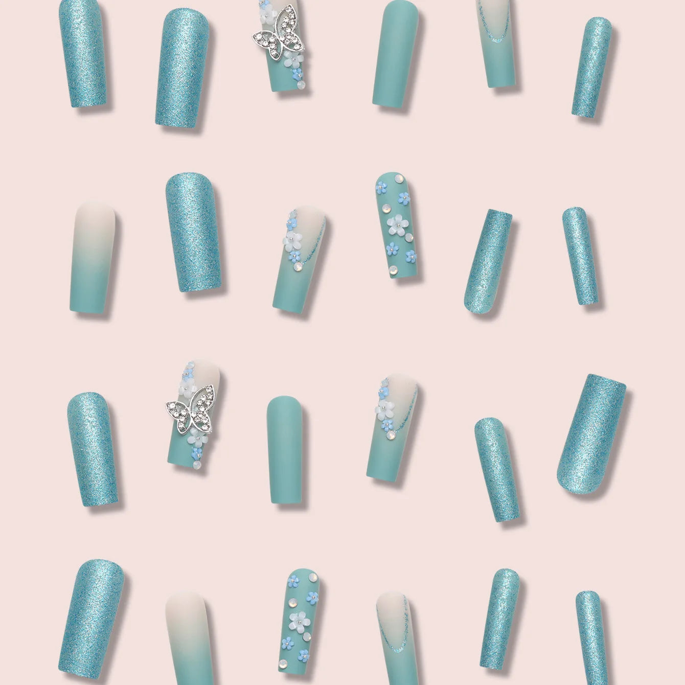 24 Pieces of Long Coffin Shaped Blue Glitter and Gradient Pattern 3D Butterfly Dot Diamond Frosted Fake Nails Summer Series