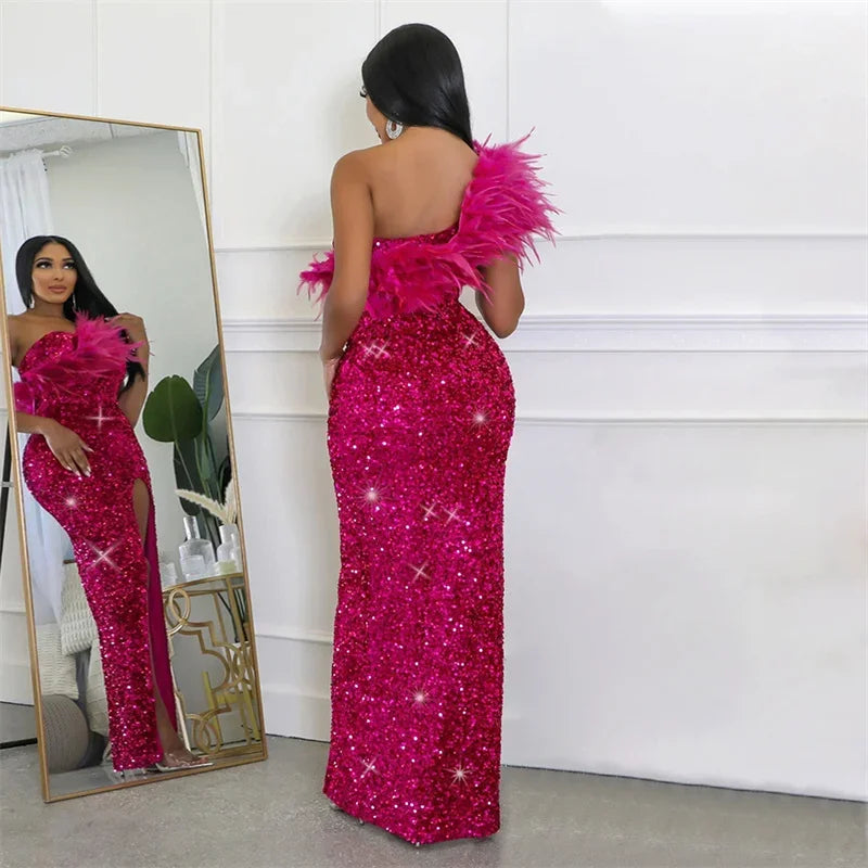 Autumn One Shoulder Elegant Glam Long Feather High Split Sequins Sparkly Sexy Gowns
