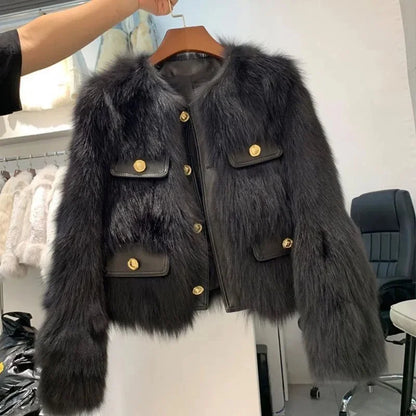 Autumn Winter Short Faux Fur Ladies Coat Round Neck Long Sleeves Fur