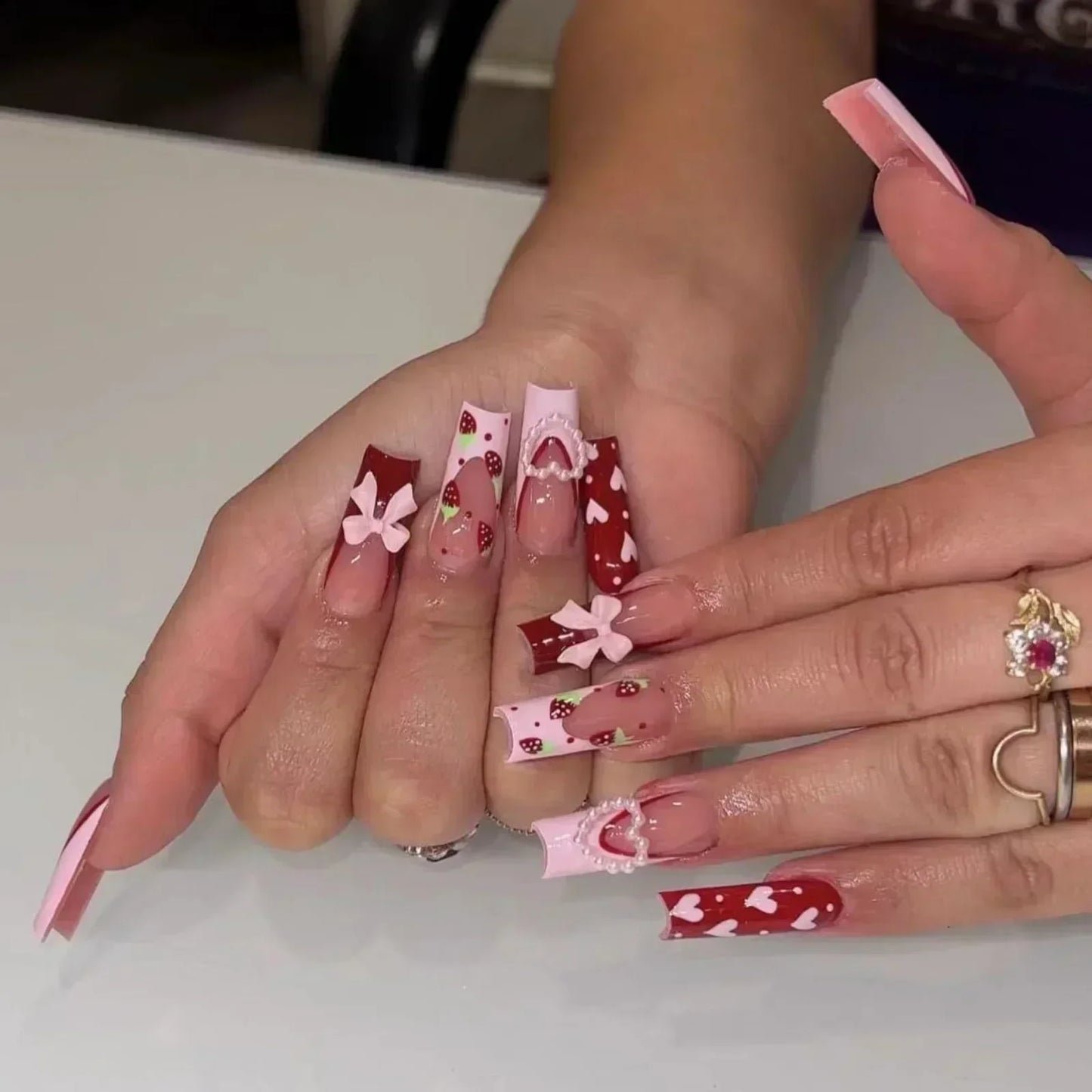 24Pcs Long Ballet French False Nails Pink Butterfly Flower with Rhinestones Wearable Fake Nails Gradient Press on Nail Tips Art