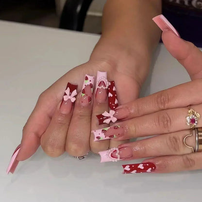 24Pcs Long Ballet French False Nails Pink Butterfly Flower with Rhinestones Wearable Fake Nails Gradient Press on Nail Tips Art