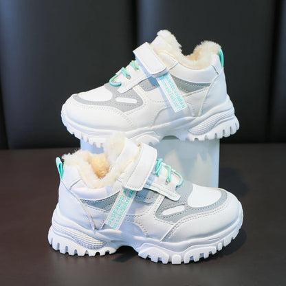 Girls Running Shoes Thick Soft Sole Students Sneakers with Fur Winter New Children Sports Shoes Non-slip Hook&loop Trendy