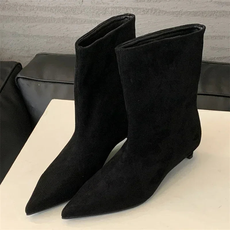 Aneikeh Large size 41 42 Fashion Winter Faux suede pointed short boots low heel boots Slip On Party Shoes Botas Zapatos De Mujer