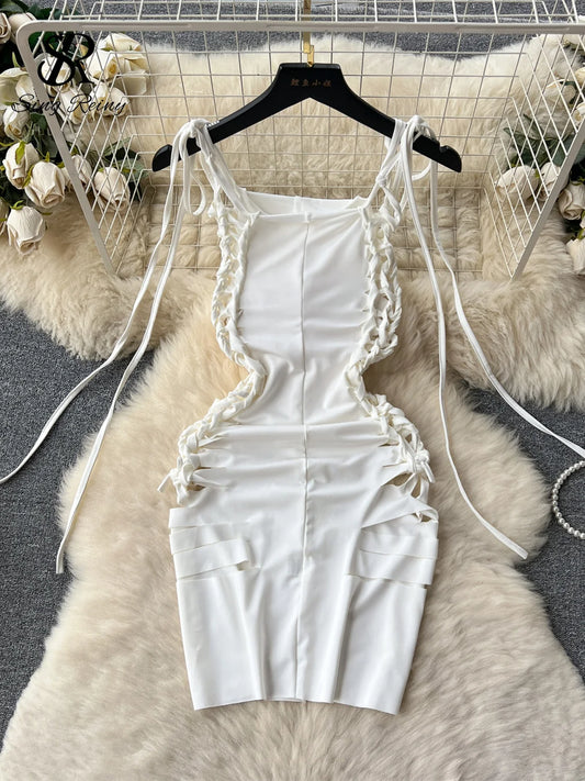 Slim Dress Lace Up Cross Bandage Design Backless Hollow Out Mini Dress