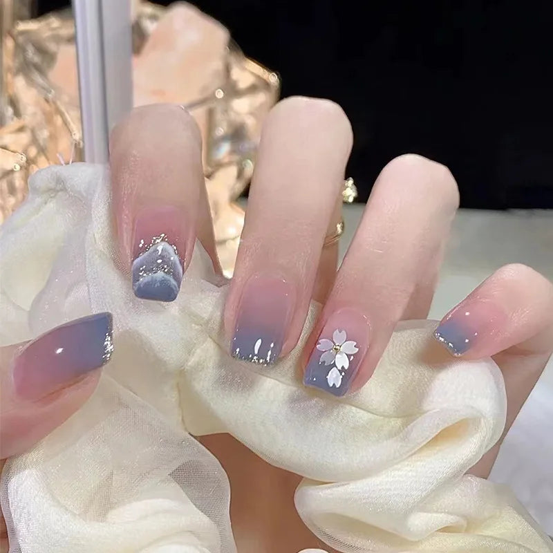 24Pcs Wearable French Fake Nails with Glue Simple Square False Nail Pink Short Detachable Press on Nail Tips Nude Manicure