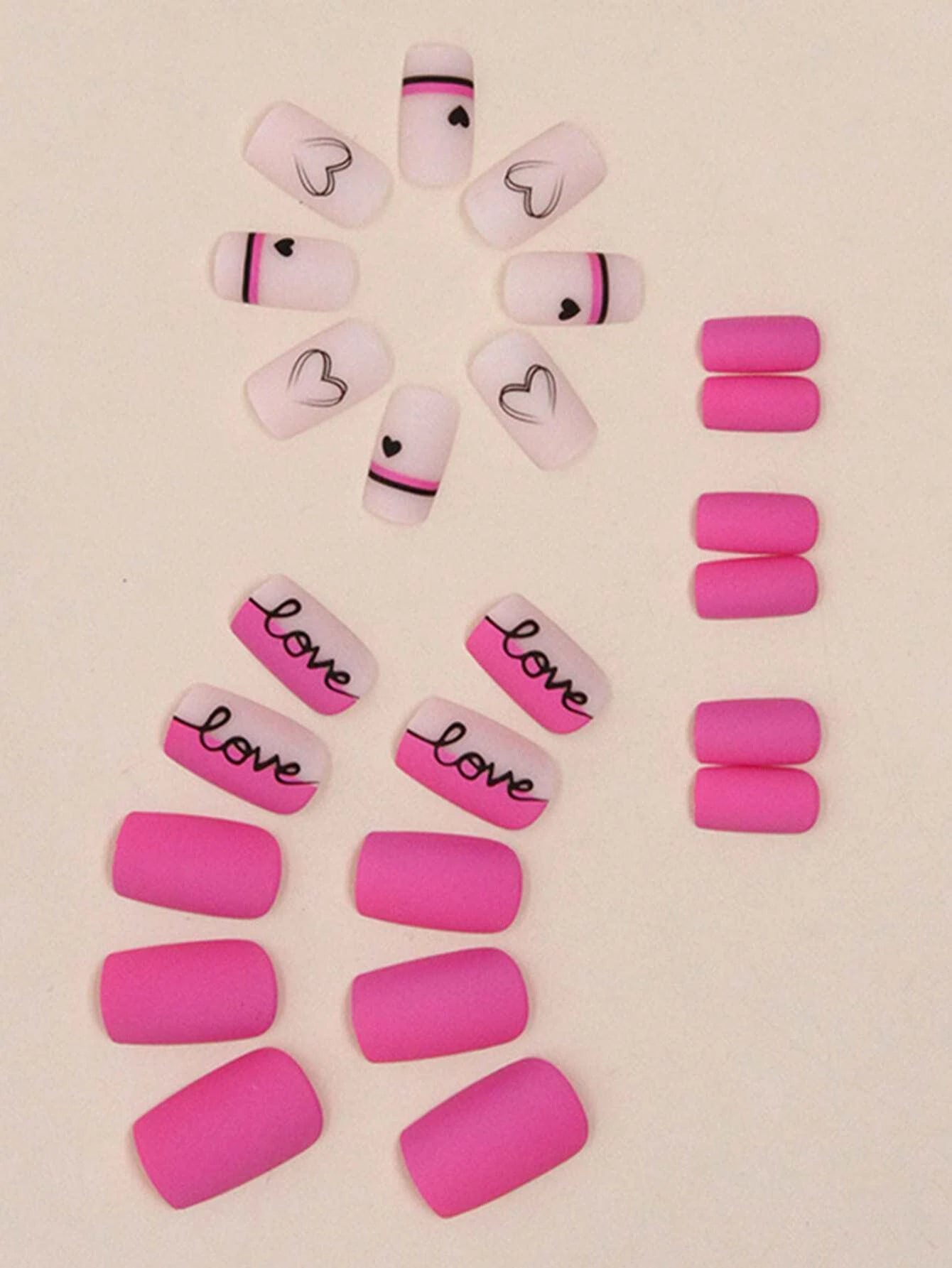 24pcs Short Square Pink Matt Full Cover Fake Nail Set - Press On Nails Love Design - 1pc Nail File & 1Nail Glue Sticker Kit Nail