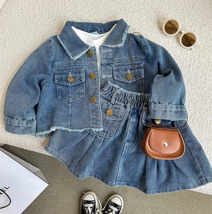 Spring and Autumn Children's Set Retro Collar Long Sleeve Girls' Cowboy Coat+Folded Skirt Set Fashion Baby Clothes
