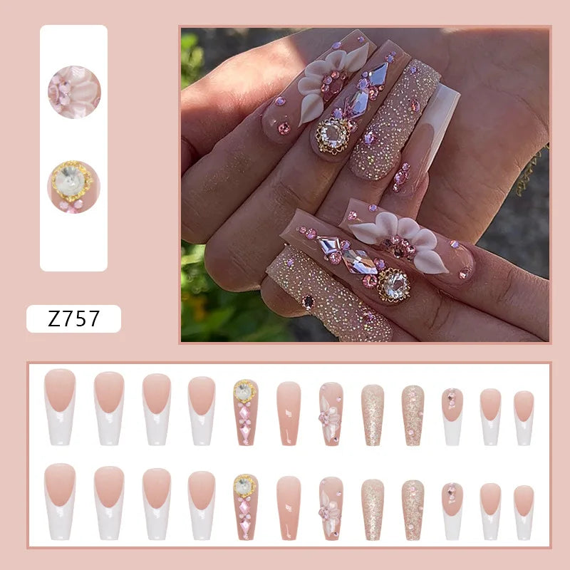 24pcs Artifical Fake Nails Long Coffin French Ballerina Wearable False Nail Tips Finished Rhinstones Flower Design Press on Nail