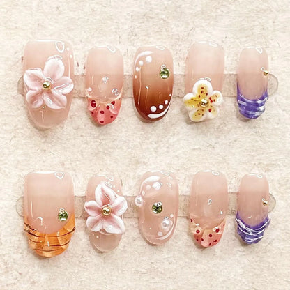 10pcs Handmade Press On Nails 3D Carving Flower Shells False Nails