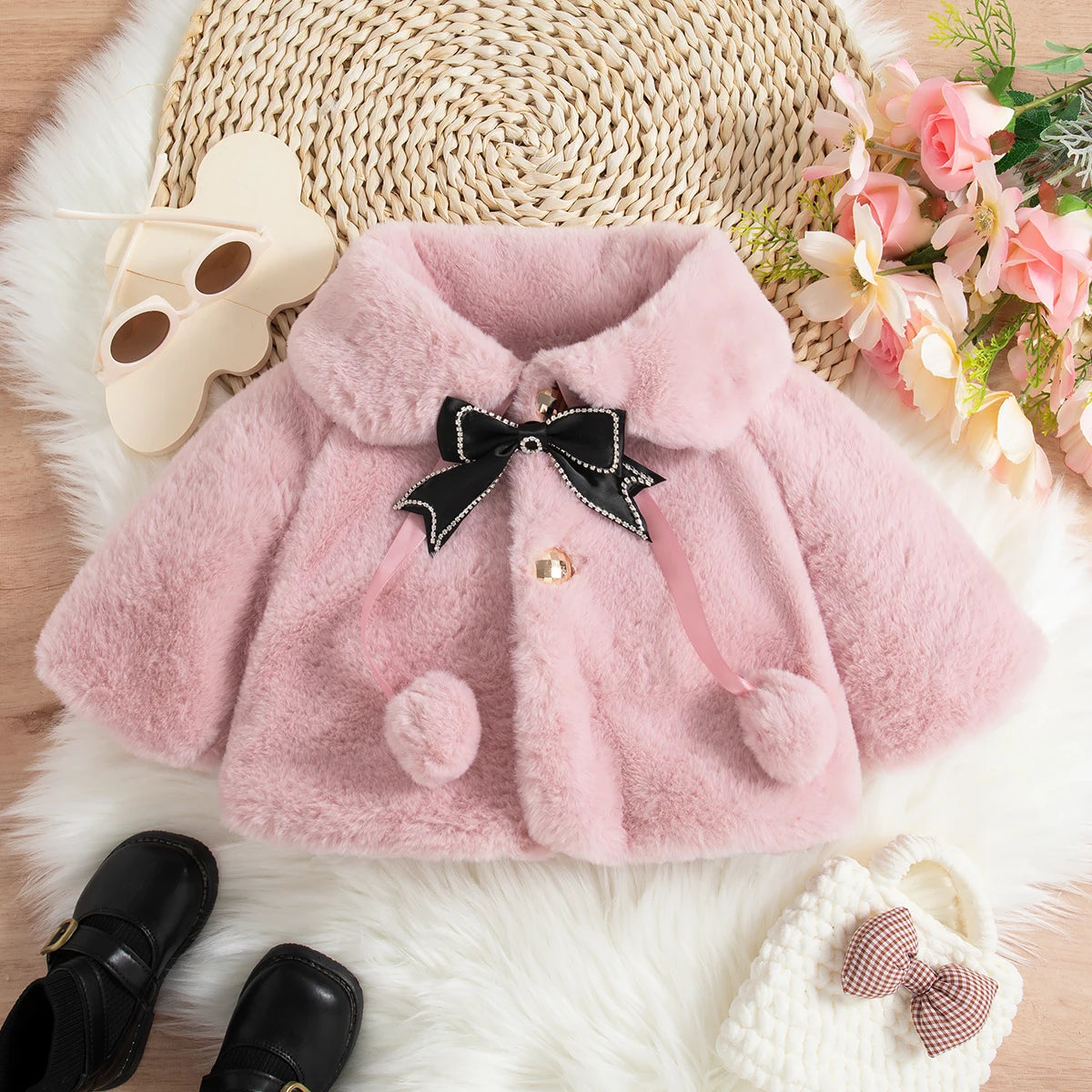 Winter New Sweet Black Bow Baby Girl Coat, Korean Style Warm And Beautiful Children'S Clothing For 6-24 Months