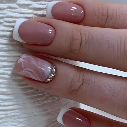 24Pcs Simple Gradient Fake Nail with Silver Sequin Design Short Square Head False Nails Wearable French Full Cover Press on Nail