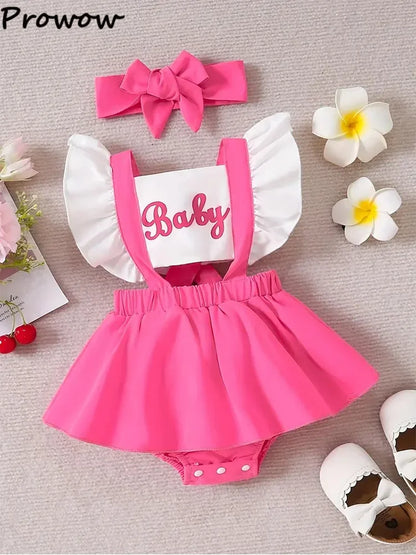 Prowow Baby Girl Clothes Summer Letter Printed Patchwork Backless Bodysuit Dress For Infants Newborn Baby Girls Rompers Dress