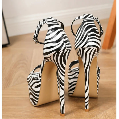 Zebra Stripe Open Toe Women Sandals Sexy Platform Ultra High Heels Buckle Strap Shoes