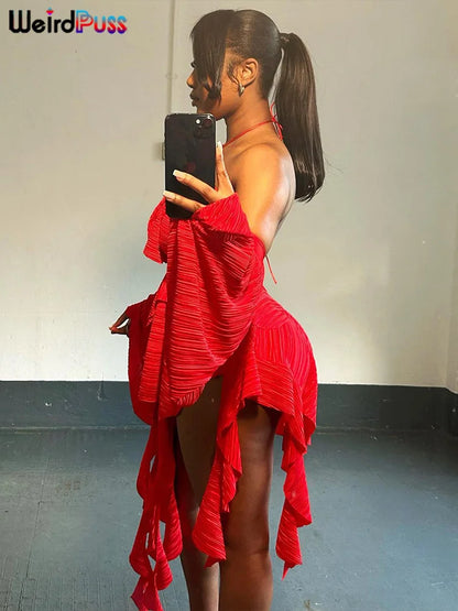 Weird Puss Y2K Irregular Backless Dress Elastic Waistless Mini Bodycon dress