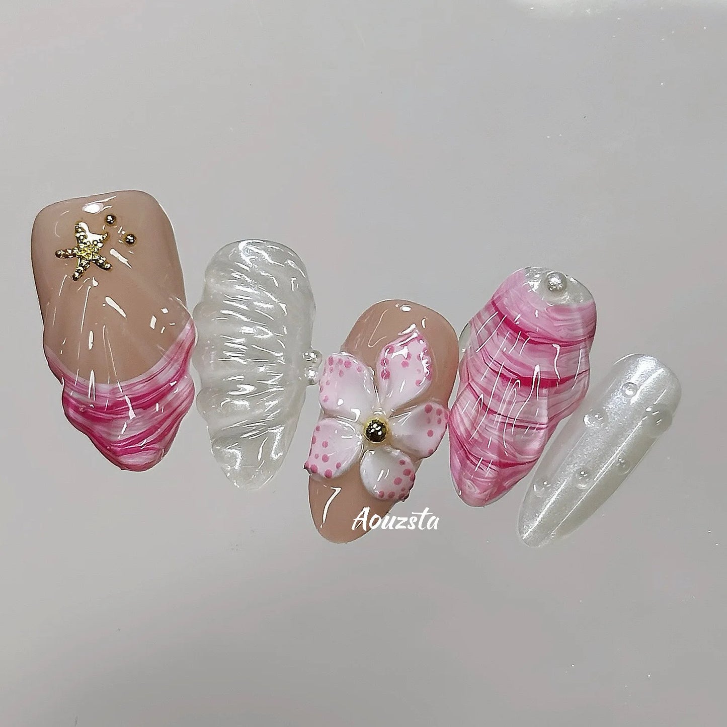 10pcs Handmade Press On Nails 3D Carving Flower Shells False Nails