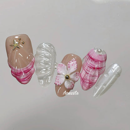 10pcs Handmade Press On Nails 3D Carving Flower Shells False Nails