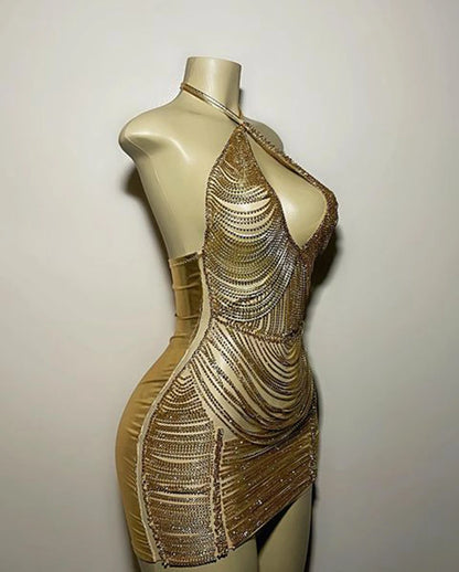 Luxury Halter Sleeveless Real Cocktail Gowns Black Girl Gold Short Mini Prom Dresses