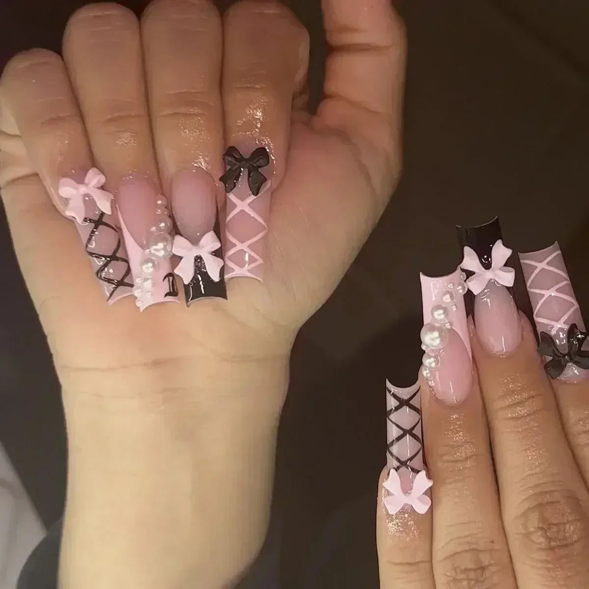 24Pcs Full Cover False Nails with Glue Long Square Coffin Fake Nails French Detachable Ballet Love Pattern Design Press on Nails