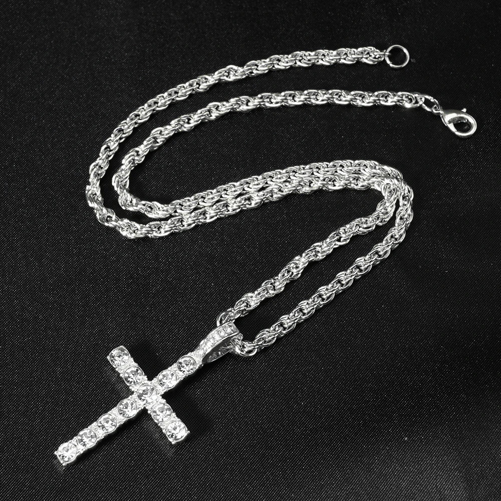 Hip Hop Iced Out Cross Pendant Necklace Strap 4mm Zircon Tennis Chain