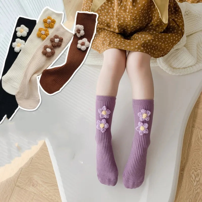 Kids Girls Socks Cotton Flower Knee High Children's Socks For Girls Winter Warm Knitted Baby Stocking Age for 0-7Years