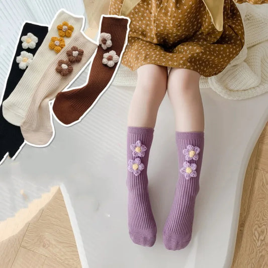 Kids Girls Socks Cotton Flower Knee High Children's Socks For Girls Winter Warm Knitted Baby Stocking Age for 0-7Years
