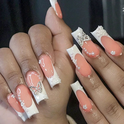 24Pcs Simple White French Press on Nails with Glue Long Ballet False Nails Wearable Coffin Fake Nails Full Cover Nail Tips