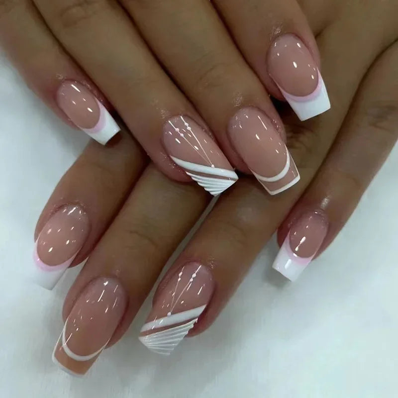 24Pcs Short Square False Nails Simple French Fake Nails Press on Nails Full Cover Nail Tips Detachable DIY Manicure