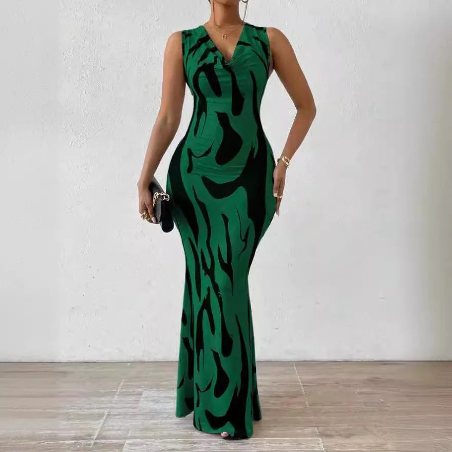 Women Print Dress Sleeveless Splice Slim Fit Long Dresses Midi Waist Wrap Hip
