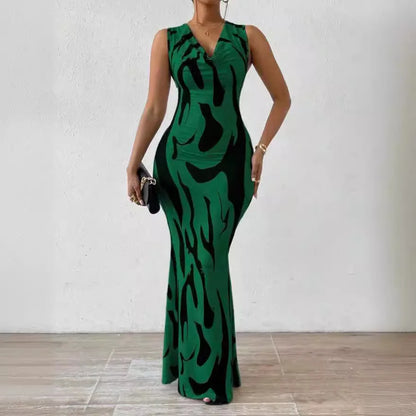 Women Print Dress Sleeveless Splice Slim Fit Long Dresses Midi Waist Wrap Hip