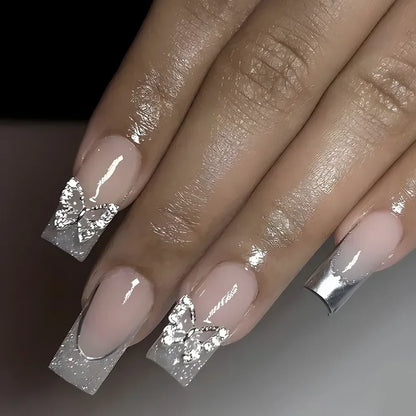 24Pcs Full Cover False Nails with Glue Long Square Coffin Fake Nails French Detachable Ballet Love Pattern Design Press on Nails