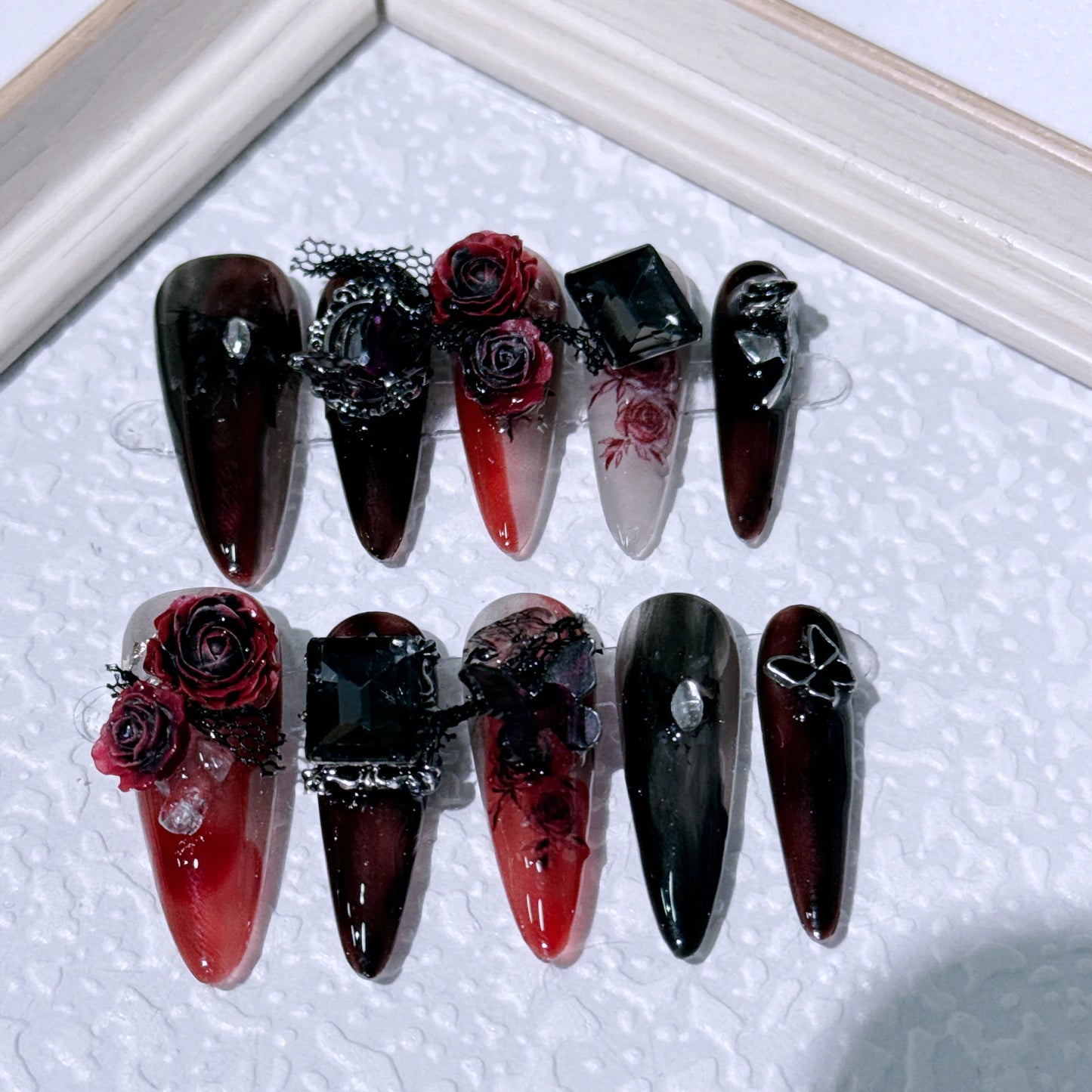10pcs Long Pointed Press on Nails 3D Black Red Rose Crystal Design