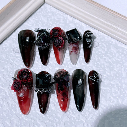 10pcs Long Pointed Press on Nails 3D Black Red Rose Crystal Design