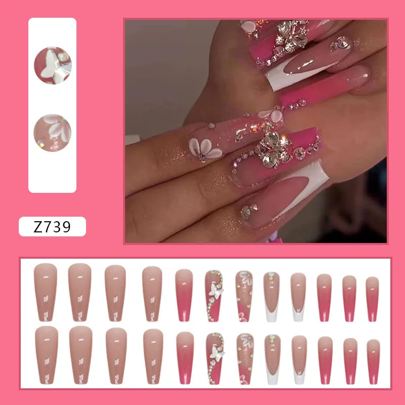24pcs Artifical Fake Nails Long Coffin French Ballerina Wearable False Nail Tips Finished Rhinstones Flower Design Press on Nail