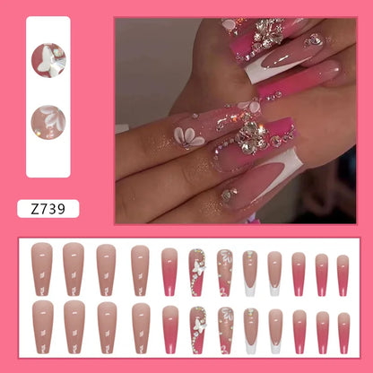24pcs Artifical Fake Nails Long Coffin French Ballerina Wearable False Nail Tips Finished Rhinstones Flower Design Press on Nail