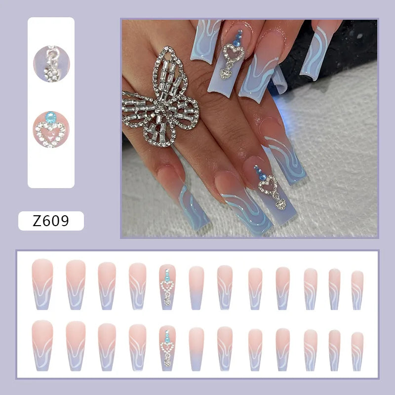 24pcs Artifical Fake Nails Long Coffin French Ballerina Wearable False Nail Tips Finished Rhinstones Flower Design Press on Nail