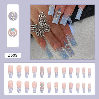 24pcs Artifical Fake Nails Long Coffin French Ballerina Wearable False Nail Tips Finished Rhinstones Flower Design Press on Nail
