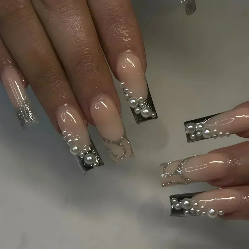 24Pcs Artifical False Nails with Glue Fake Nail Tips with Heart Designs Detachable Press on Nails XLong Finished False Nails tip