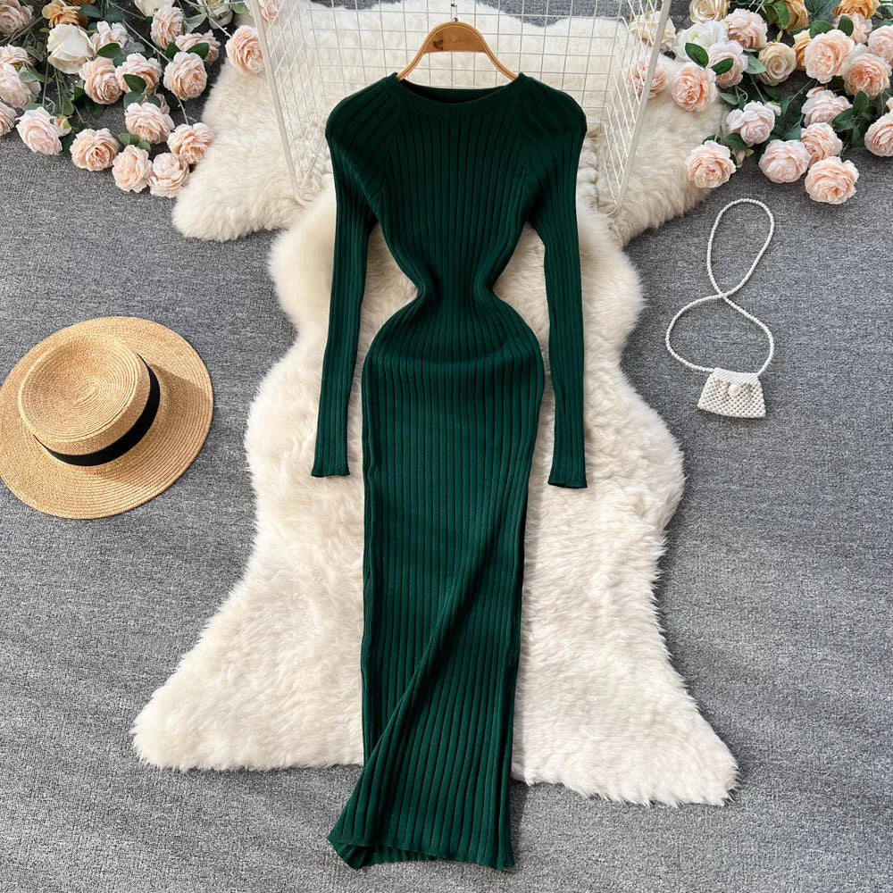 SINGREINY Winter Women Knit Maxi Dress O Neck Autumn Long Sleeve Slim Solid Harajuku Ladies Fashion Pencil Sweater Long Dresses