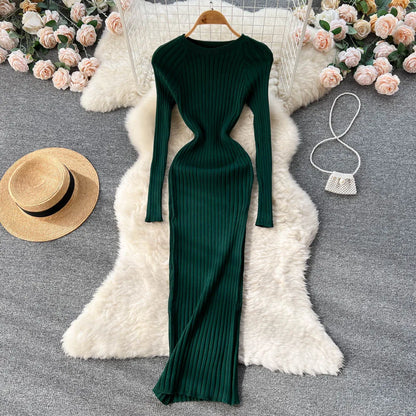 SINGREINY Winter Women Knit Maxi Dress O Neck Autumn Long Sleeve Slim Solid Harajuku Ladies Fashion Pencil Sweater Long Dresses