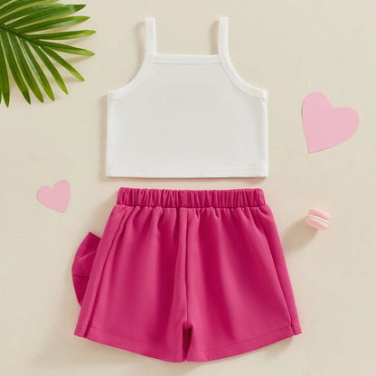 1-4years Girl Summer Clothes Set Letter Print Cami Tops With Bow Skirt Shorts Girls 2pcs Outfit