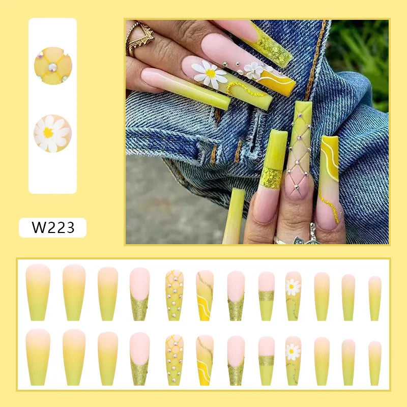 24pcs Artifical Fake Nails Long Coffin French Ballerina Wearable False Nail Tips Finished Rhinstones Flower Design Press on Nail