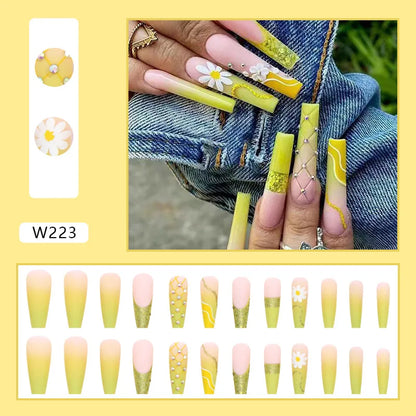 24pcs Artifical Fake Nails Long Coffin French Ballerina Wearable False Nail Tips Finished Rhinstones Flower Design Press on Nail