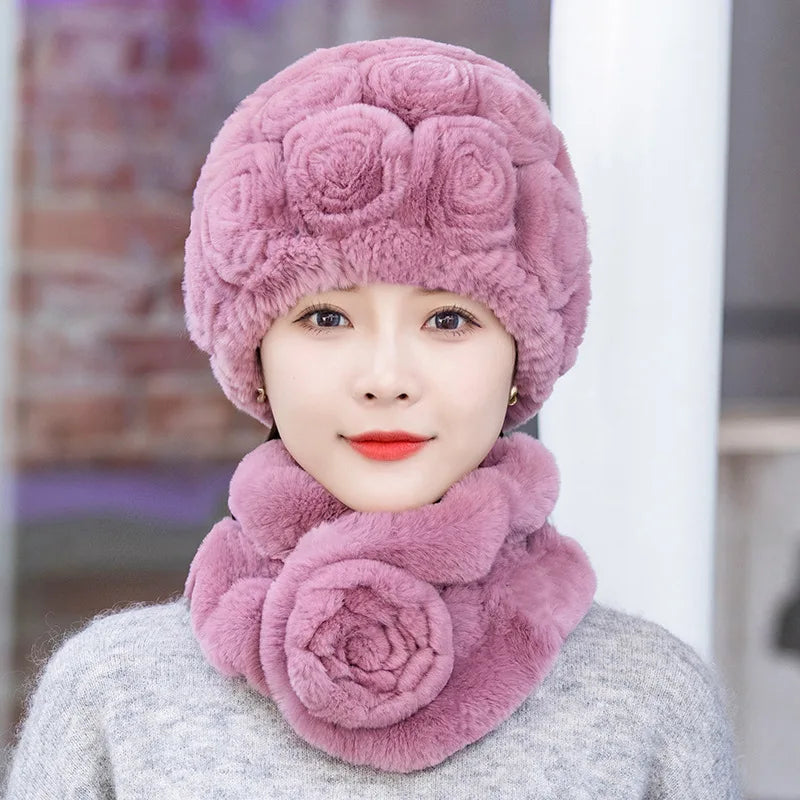 2025 Hot Sale Women Winter Fur Hat Scarf Sets Natural Warm Real Rex Rabbit Fur Cap Scarves Lady Knitted Genuine Fur Hats Muffler