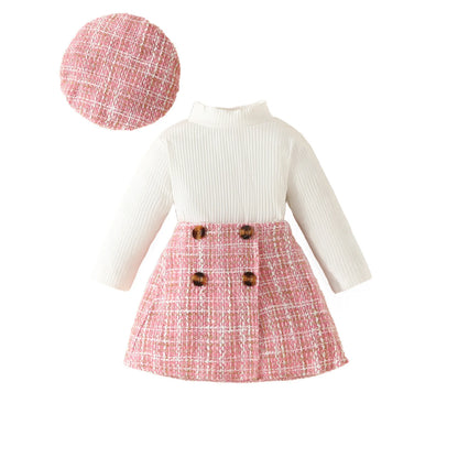 Infant Spring Autumn Long Sleeve Top andDress Set 6-18months Baby Girl Solid ColorTop Houndstooth Half Skirt Beret